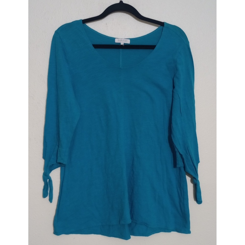Habitat Clothes to Live In Teal Blue Cotton Slub Tie Sleeve Knit Top Small